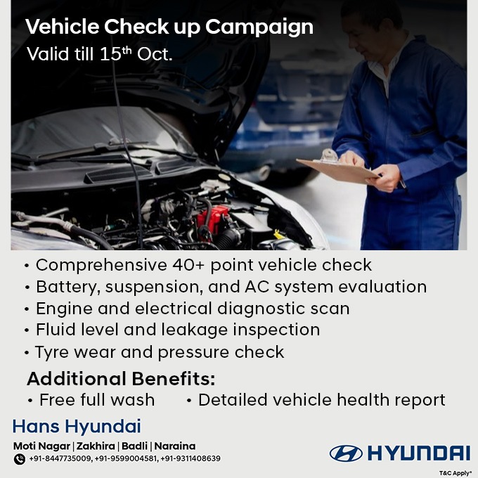 Hyundai  Vehicle Check-up Camp — valid till 15th Oct Car Offers